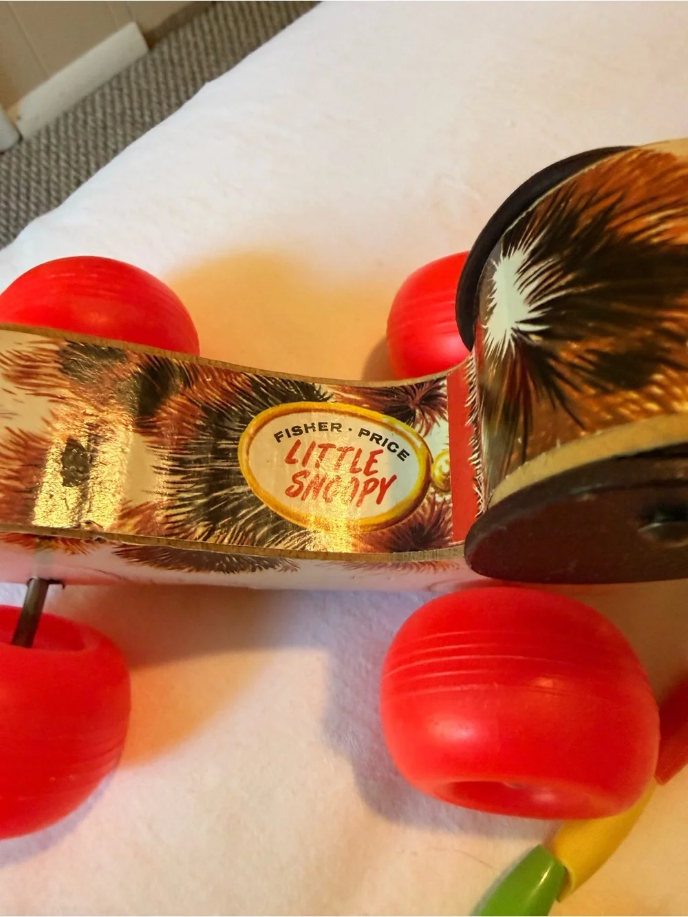 Vintage Wooden Pull-Along Dog Toy in Brown with Red Wheels 1968